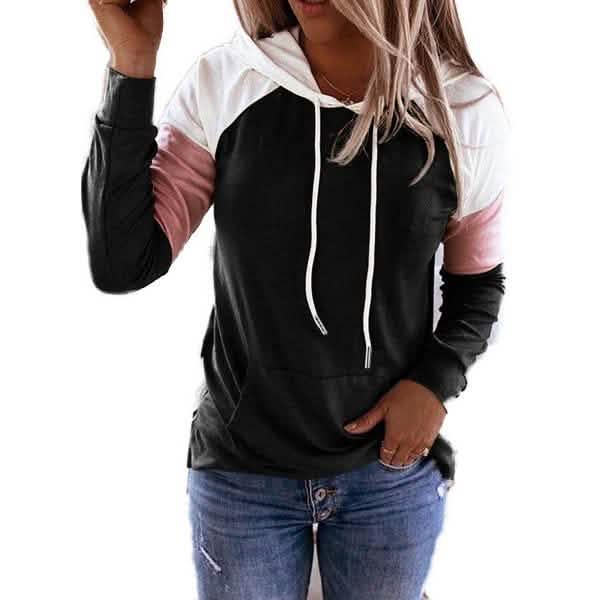 Winter Women’s Fashion Casual Sweatshirts Long Sleeve Hooded Pullover Loose Block Color Pockets Sweatshirts Women's Tops Black S - DailySale