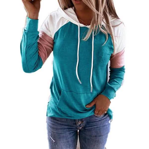 Winter Women’s Fashion Casual Sweatshirts Long Sleeve Hooded Pullover Loose Block Color Pockets Sweatshirts Women's Tops Blue S - DailySale