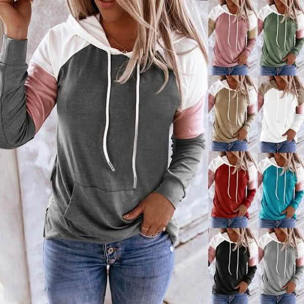 Winter Women’s Fashion Casual Sweatshirts Long Sleeve Hooded Pullover Loose Block Color Pockets Sweatshirts Women's Tops - DailySale