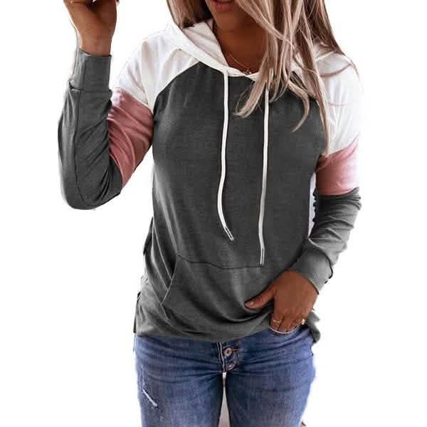 Winter Women’s Fashion Casual Sweatshirts Long Sleeve Hooded Pullover Loose Block Color Pockets Sweatshirts Women's Tops Dark Gray S - DailySale