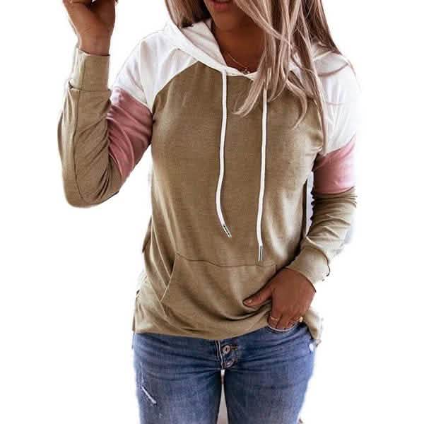 Winter Women’s Fashion Casual Sweatshirts Long Sleeve Hooded Pullover Loose Block Color Pockets Sweatshirts Women's Tops Khaki S - DailySale