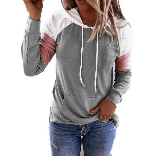 Winter Women’s Fashion Casual Sweatshirts Long Sleeve Hooded Pullover Loose Block Color Pockets Sweatshirts Women's Tops Light Gray S - DailySale
