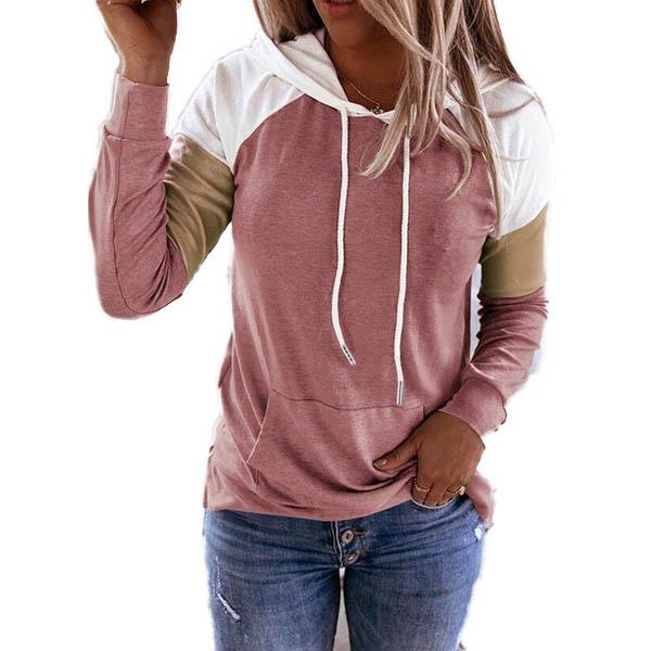 Winter Women’s Fashion Casual Sweatshirts Long Sleeve Hooded Pullover Loose Block Color Pockets Sweatshirts Women's Tops Pink S - DailySale