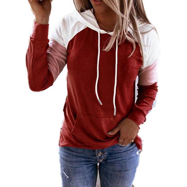Winter Women’s Fashion Casual Sweatshirts Long Sleeve Hooded Pullover Loose Block Color Pockets Sweatshirts Women's Tops Wine Red S - DailySale
