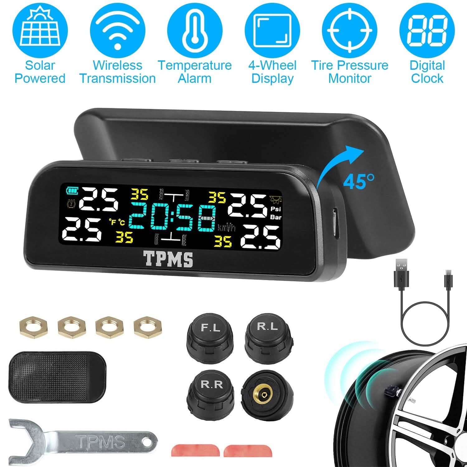 Wireless Solar Car Tire Pressure Monitoring System Auto Tire Pressure with Sensors Temperature Alarm Automotive - DailySale