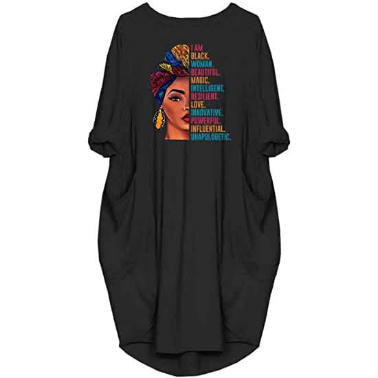 Front view of a Woman's Long Sleeve Loose Pocket Oversize Tunic Dress in black against a white background