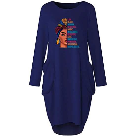 Front view of a Woman's Long Sleeve Loose Pocket Oversize Tunic Dress in blue against a white background