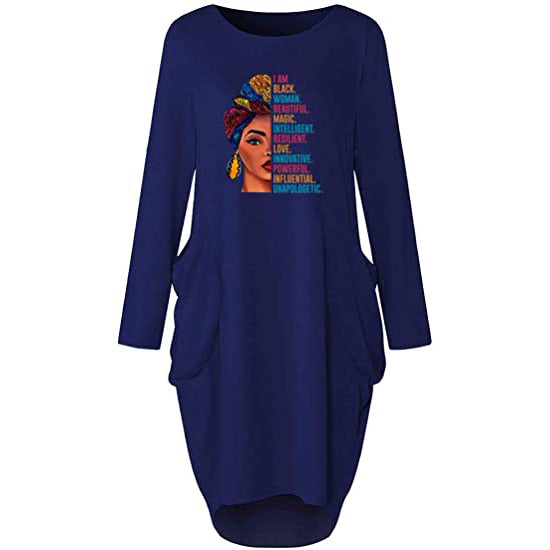 Front view of  a Woman's Long Sleeve Loose Pocket Oversize Tunic Dress in blue against a white background
