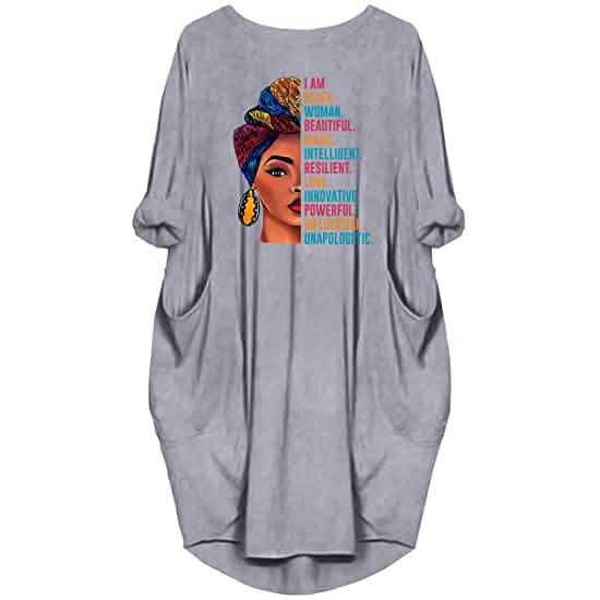 Front view of a Woman's Long Sleeve Loose Pocket Oversize Tunic Dress in gray against a white background