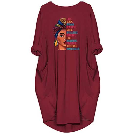 Front view of a Woman's Long Sleeve Loose Pocket Oversize Tunic Dress in red against a white background