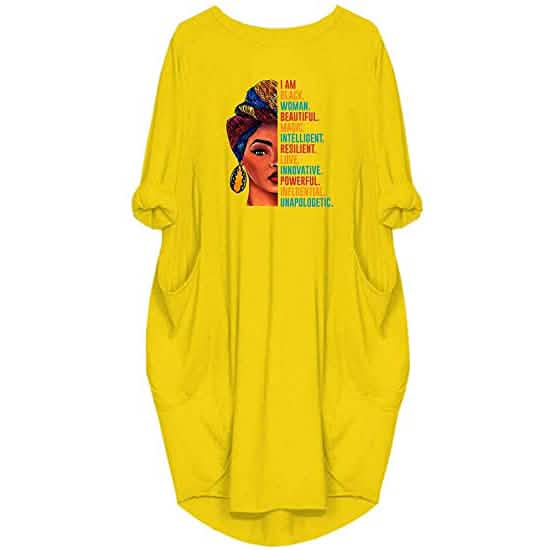 Front view of a Woman's Long Sleeve Loose Pocket Oversize Tunic Dress in yellow against a white background