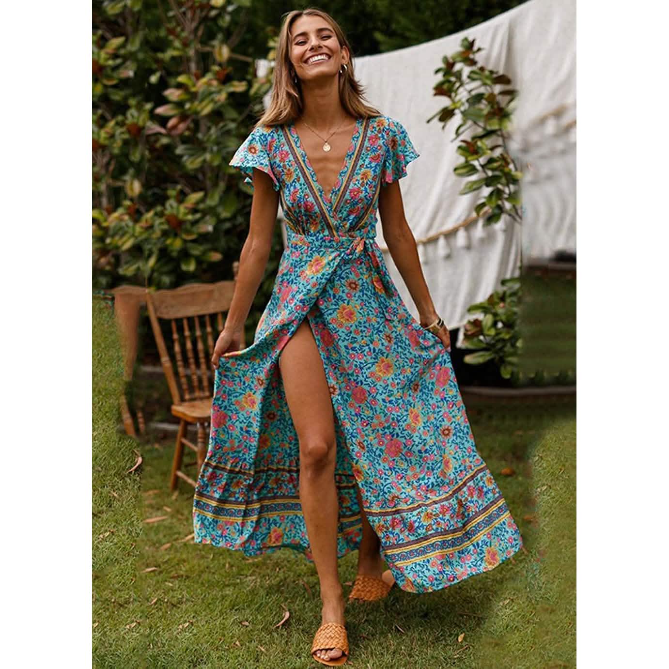 Women Boho Summer Side Split Deep V Neck Short Sleeves Maxi Dress with Belt Women's Dresses - DailySale