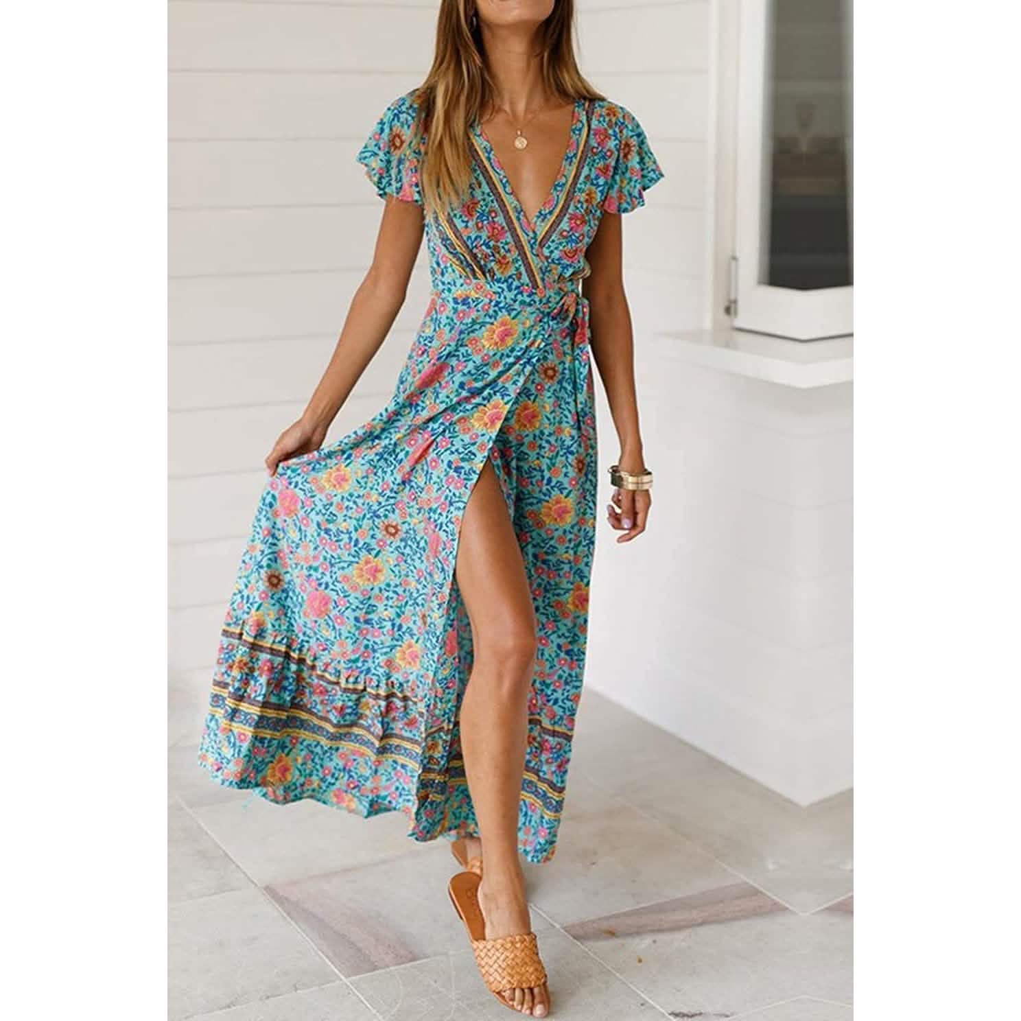 Women Boho Summer Side Split Deep V Neck Short Sleeves Maxi Dress with Belt Women's Dresses - DailySale