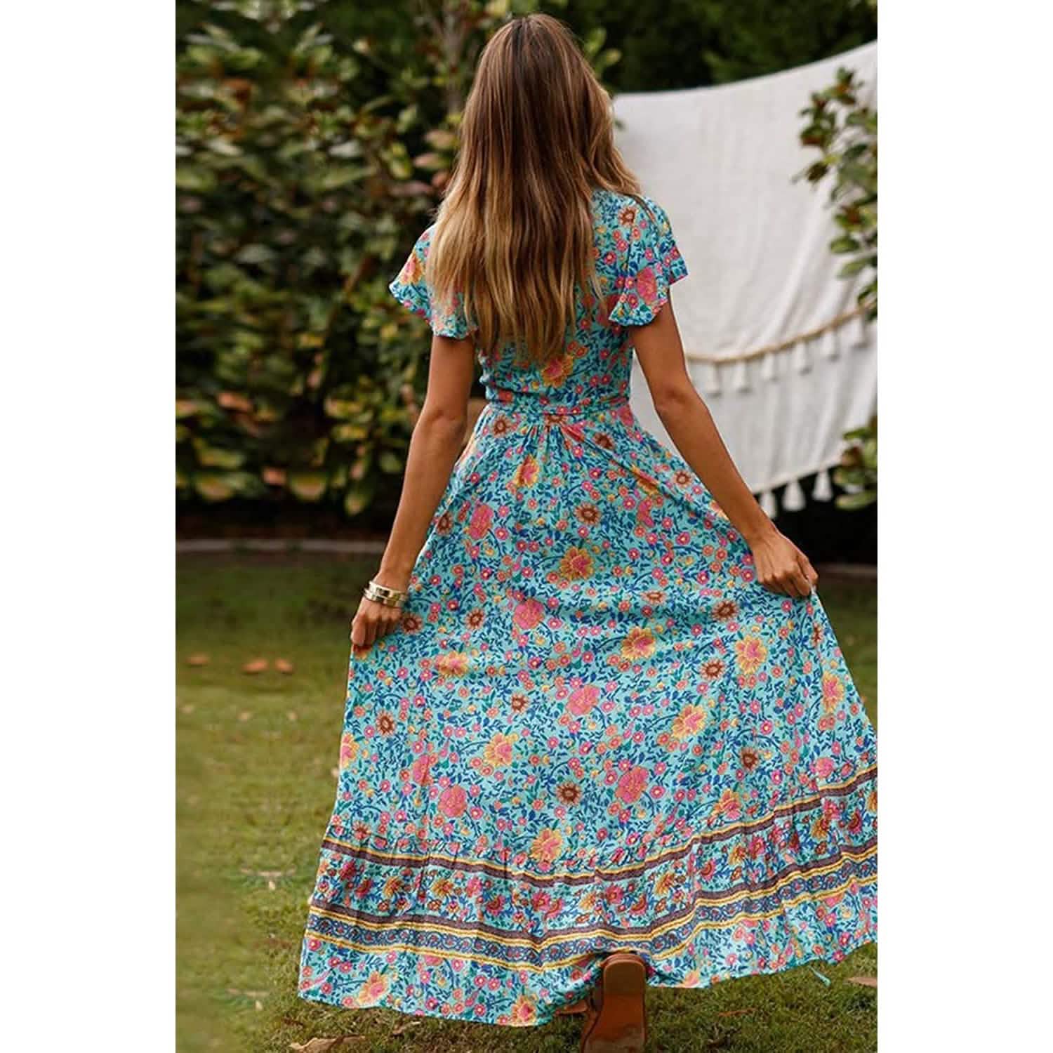Women Boho Summer Side Split Deep V Neck Short Sleeves Maxi Dress with Belt Women's Dresses - DailySale