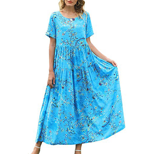 Women Casual Loose Bohemian Floral Dress Women's Dresses Blue S - DailySale