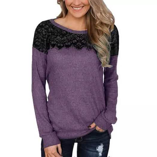 Women Fashion Black Lace Top Long Sleeve Elegant Casual Sweatshirt Blouse Women's Clothing Purple S - DailySale