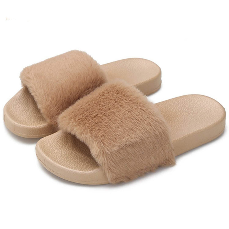 Women Faux Fur Slippers Open Toe Women's Clothing Coffee 6 - DailySale