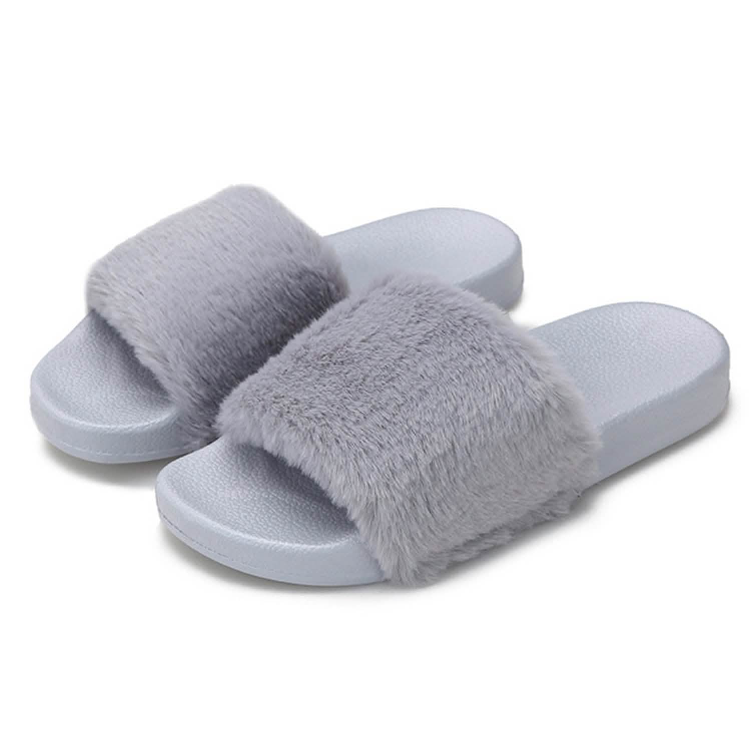 Women Faux Fur Slippers Open Toe Women's Clothing Gray 6 - DailySale