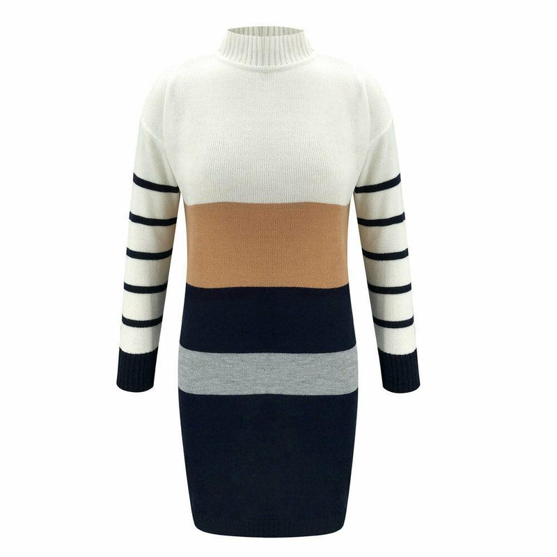 Women Knit Cowl Turtleneck Stripe Sweater Dress Long Sleeve Pullover Mini Dress Women's Clothing - DailySale
