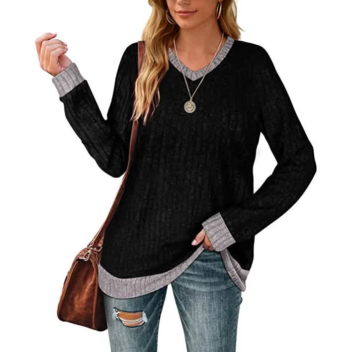 Women Lightweight V Neck Long Sleeve Tunic Women's Tops Black S - DailySale