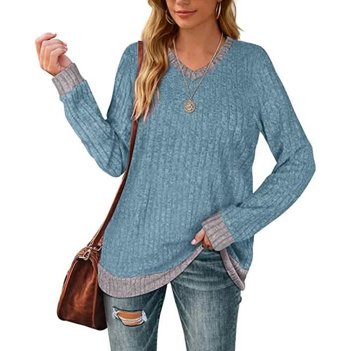 Women Lightweight V Neck Long Sleeve Tunic Women's Tops Blue S - DailySale