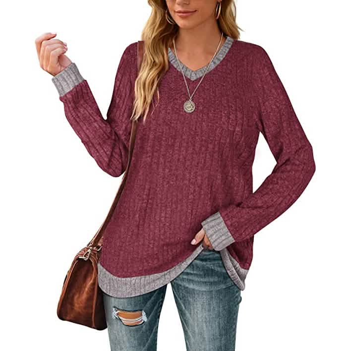 Women Lightweight V Neck Long Sleeve Tunic Women's Tops Burgundy S - DailySale