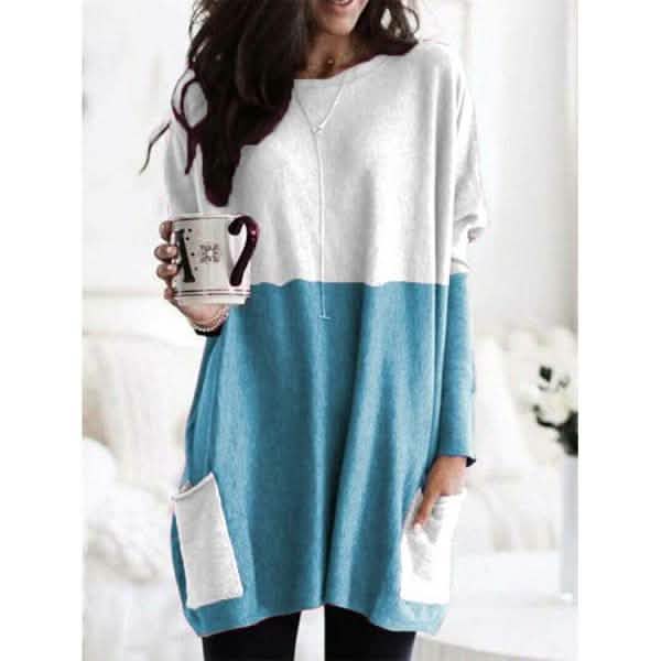 Women Long Sleeve Casual Pocket T-Shirt Loose Plus Size Top Blouse Women's Tops Blue S - DailySale