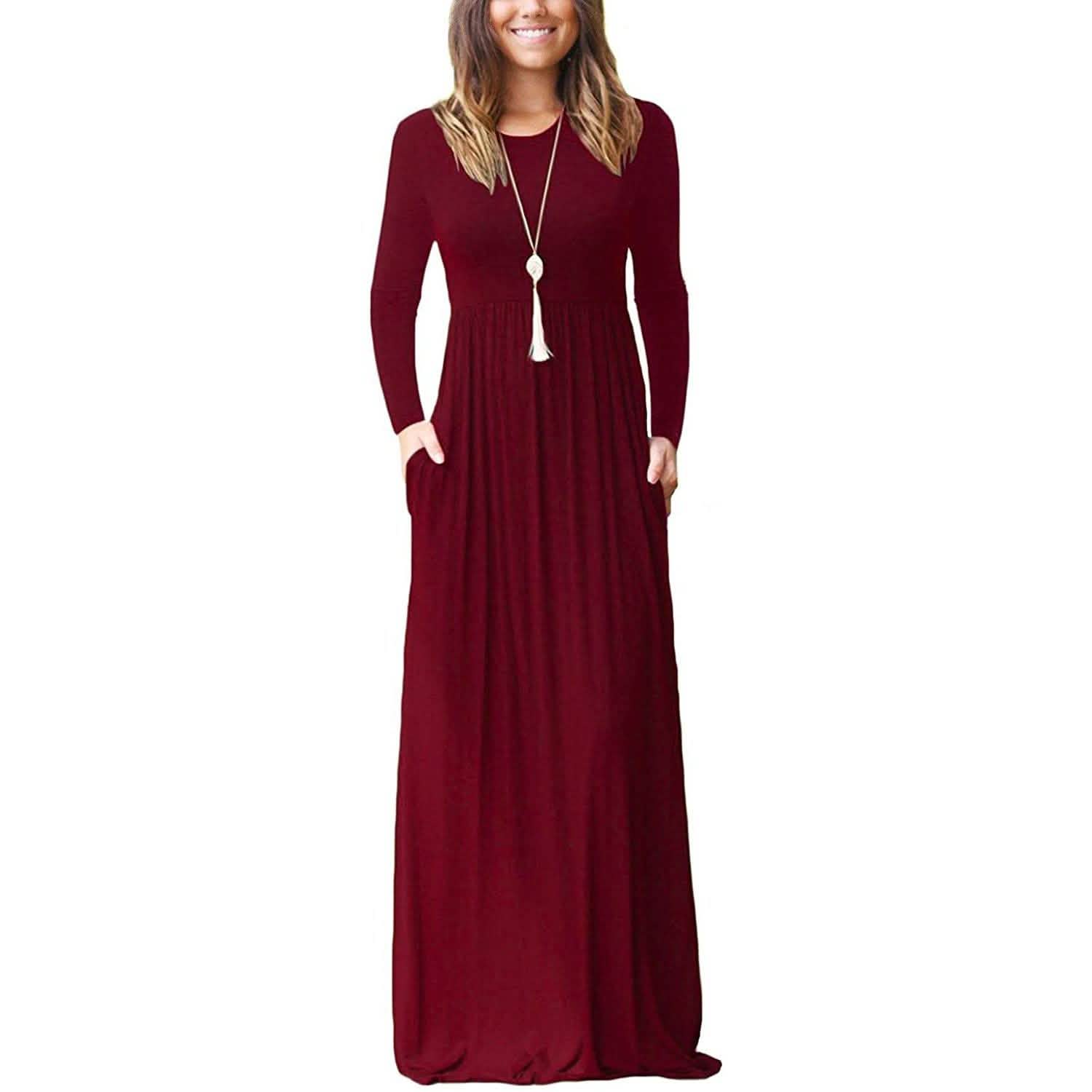 plain dresses for women Women Long Sleeve Loose Plain Maxi Dresses Casual Long Dresses with Pockets Navy / XXL