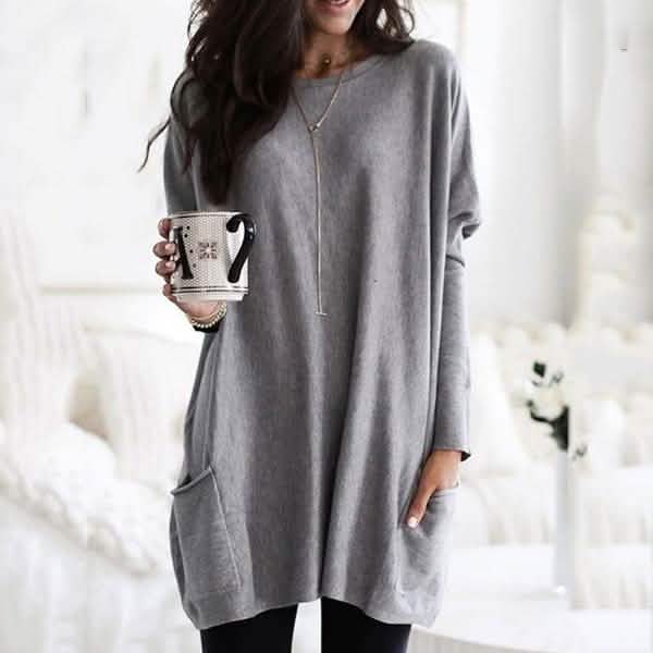 Women Long Sleeve Top Casual Pocket T-Shirt Women's Tops Gray S - DailySale