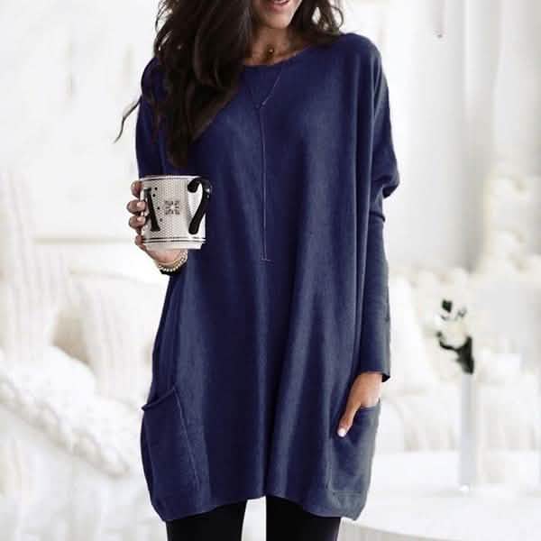 Women Long Sleeve Top Casual Pocket T-Shirt Women's Tops Navy Blue S - DailySale