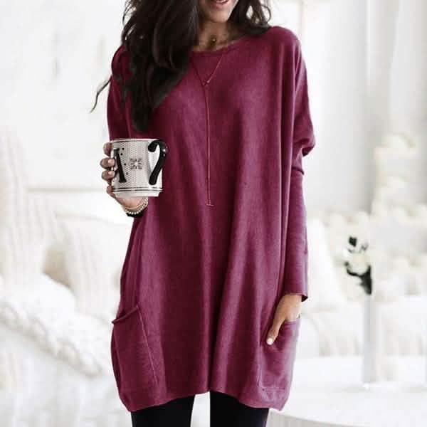 Women Long Sleeve Top Casual Pocket T-Shirt Women's Tops Wine Red S - DailySale