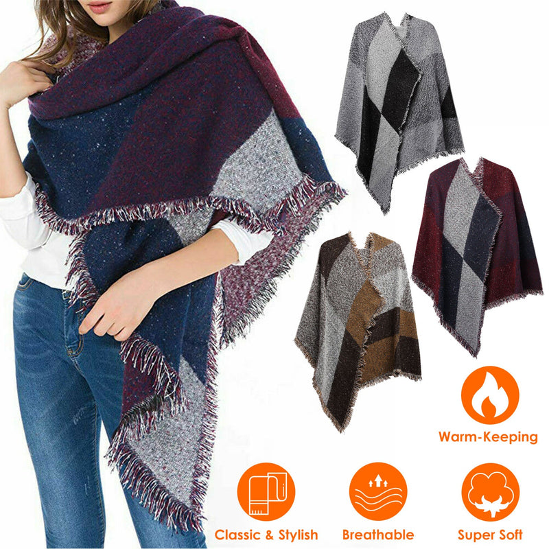 Women Long Soft Knitted Shawl Extra Thick Plaid Blanket Wrap Cape Women's Shoes & Accessories - DailySale