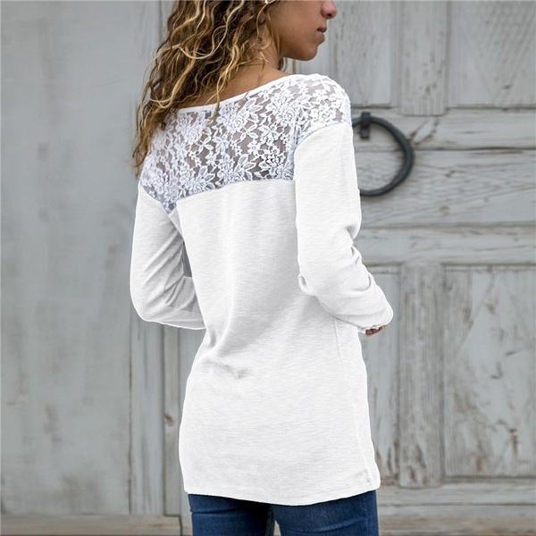 Women Round Neck Sexy Lace Casual Long-Sleeved Top