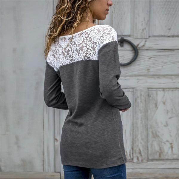 Women Round Neck Sexy Lace Casual Long-Sleeved Top