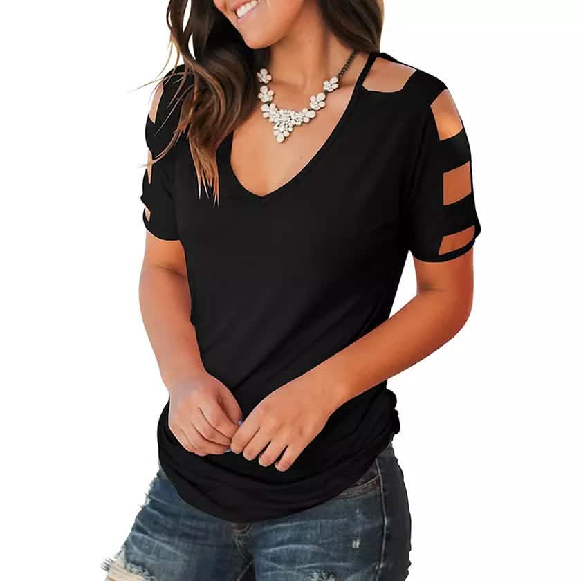 Women Short Sleeve Cut Out Cold Shoulder Tops Deep V Neck T Shirts Women's Tops - DailySale