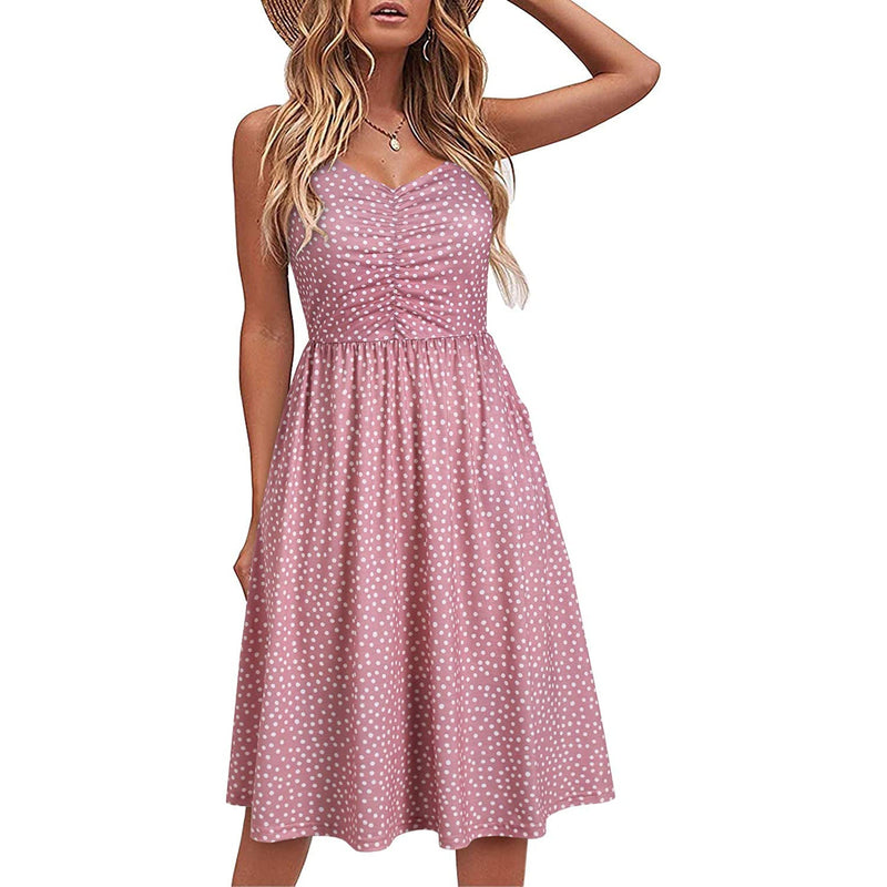 Women Sleeveless Cotton Summer Beach Dress Women's Dresses Pink Dot S - DailySale