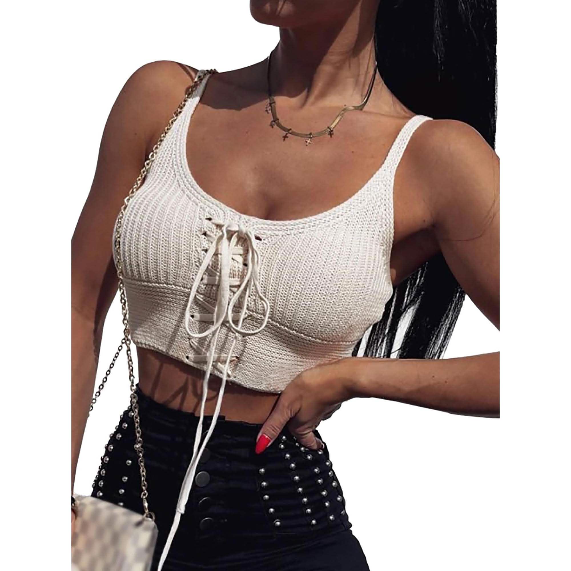 Women Sleeveless Lace Up Knitted Cami Tank Top Sexy Loose Crop Tops Blouse Women's Clothing - DailySale