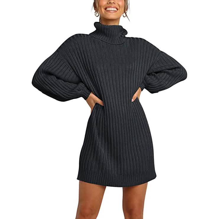 Women Turtleneck Long Lantern Sleeve Casual Loose Oversized Sweater Dress Soft Winter Pullover Dresses Women's Dresses - DailySale