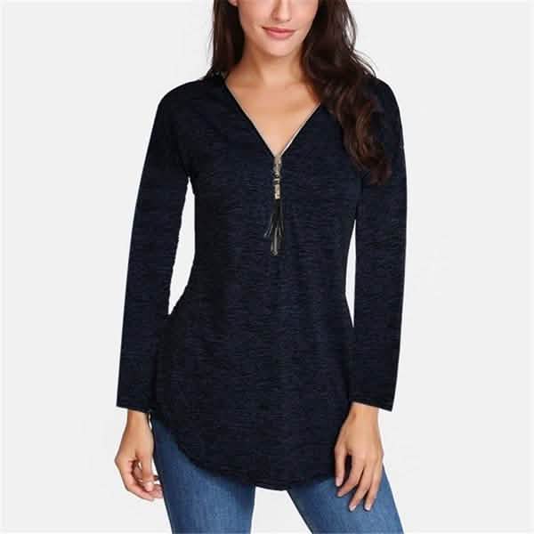 Women V-neck Zipper Long Sleeve Solid Color Top Plus Size Blouse Top Women's Tops Black S - DailySale