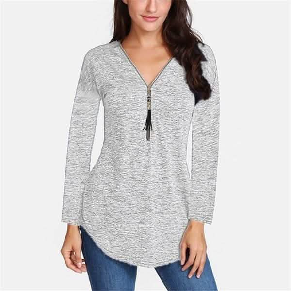 Women V-neck Zipper Long Sleeve Solid Color Top Plus Size Blouse Top Women's Tops Gray S - DailySale