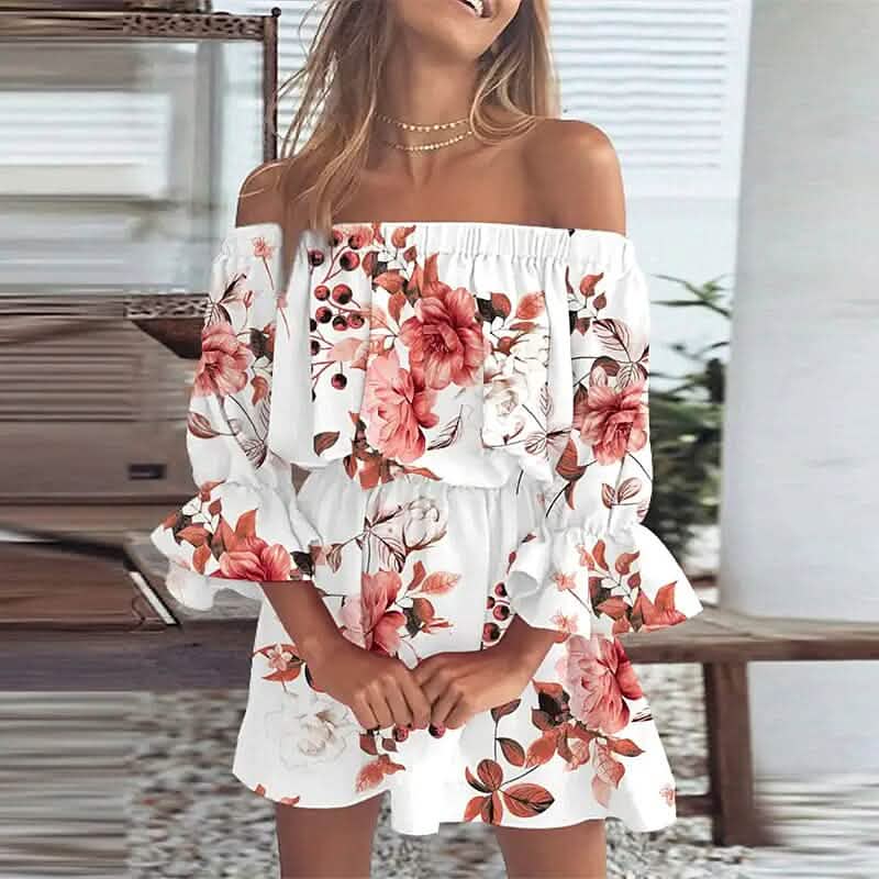 Women's 3/4 Length Sleeve Floral Ruffle Summer Spring Off Shoulder Dre Women's 3/4 Length Sleeve Floral Ruffle Summer Spring Off Shoulder Dre