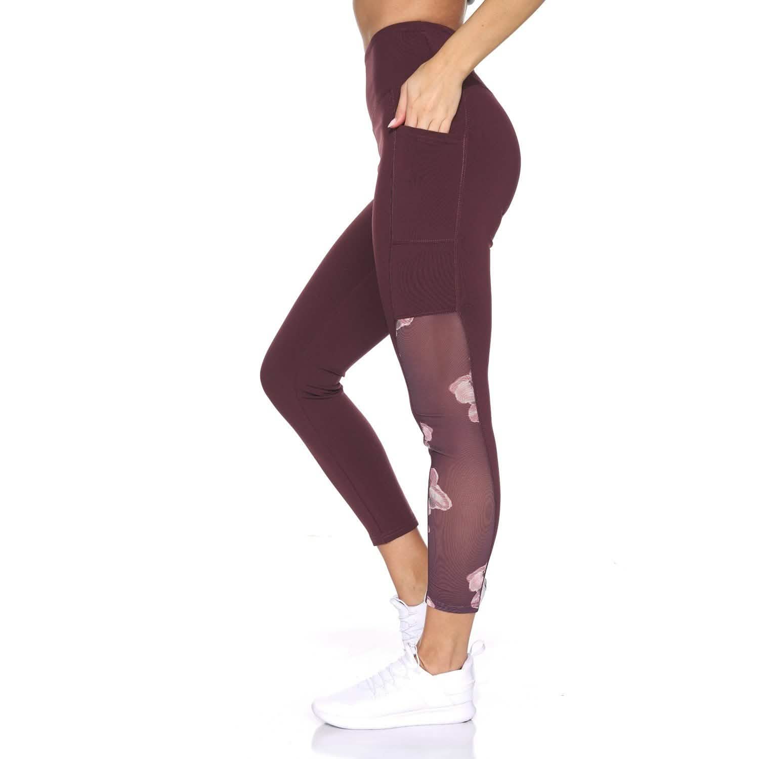 Women's 7/8 Active Leggings with Sheer Mesh Floral Panel and Pockets Women's Clothing - DailySale