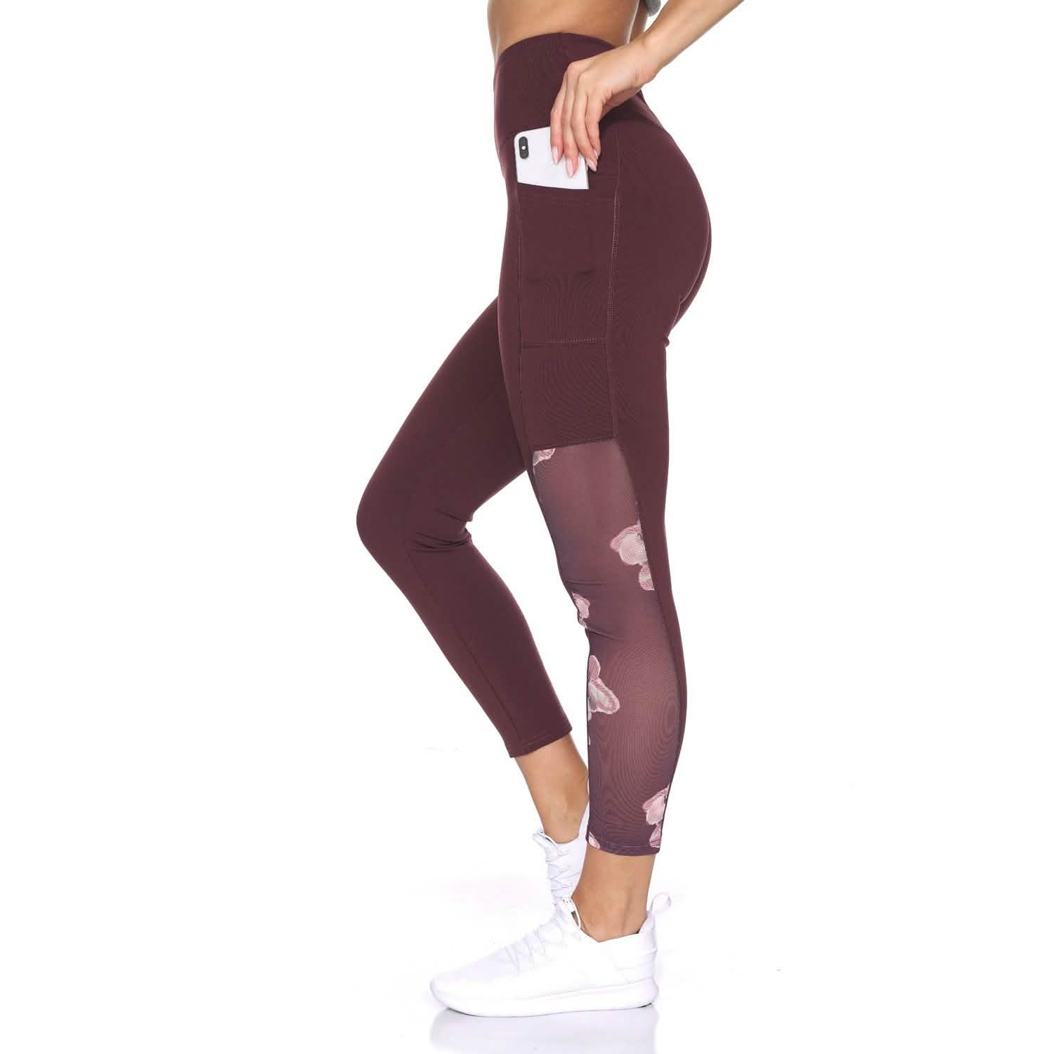 Women's 7/8 Active Leggings with Sheer Mesh Floral Panel and Pockets Women's Clothing - DailySale