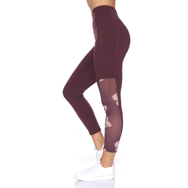 Women's 7/8 Active Leggings with Sheer Mesh Floral Panel and Pockets Women's Clothing - DailySale
