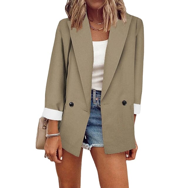 Women's Basic Double Breasted Solid Colored Blazer Women's Outerwear Khaki S - DailySale