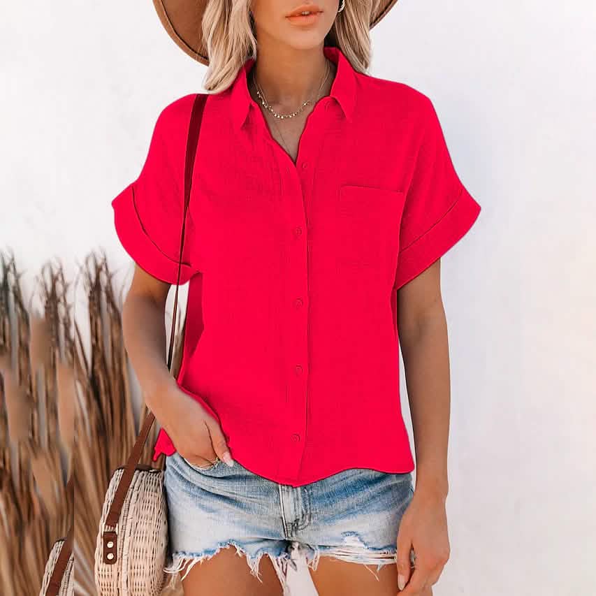 Women's Basic Solid Color Top Shirt Women's Tops Red S - DailySale