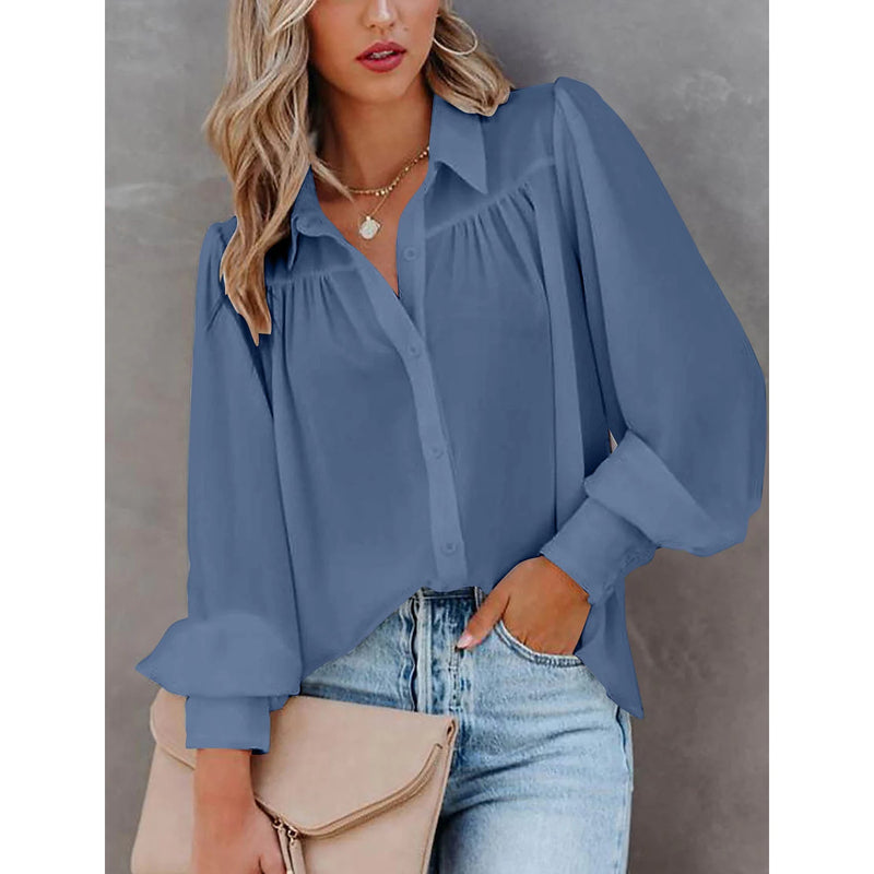 Womens Blouse Shirt Plain Button Long Sleeve Women's Tops Blue S - DailySale