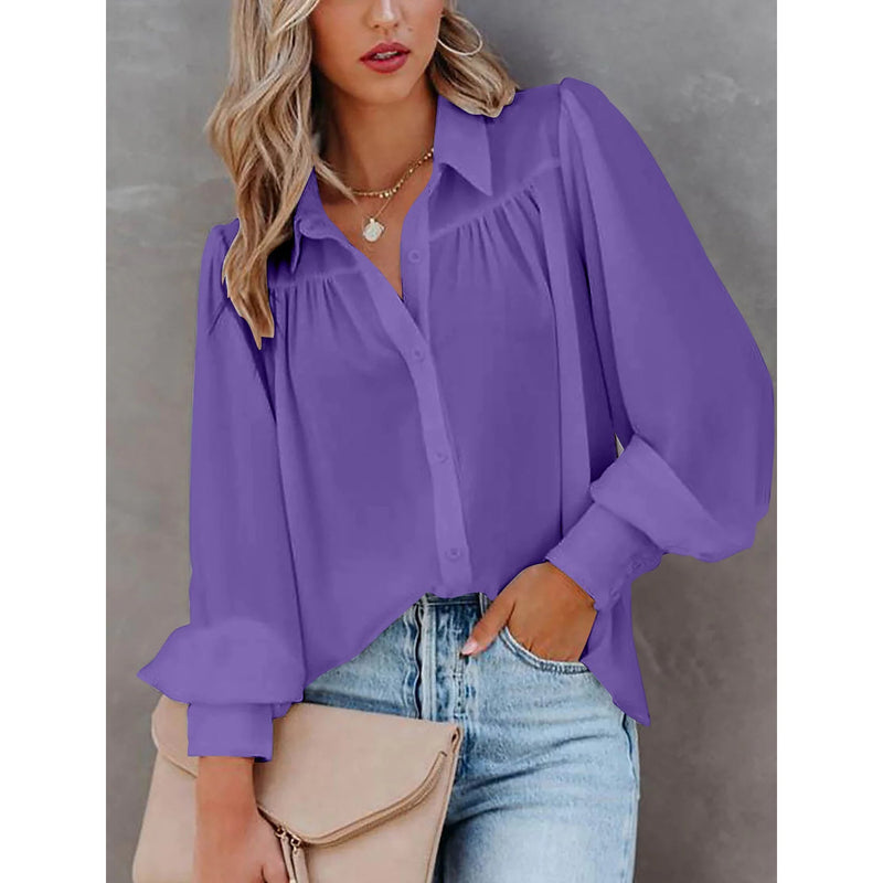 Womens Blouse Shirt Plain Button Long Sleeve Women's Tops Purple S - DailySale