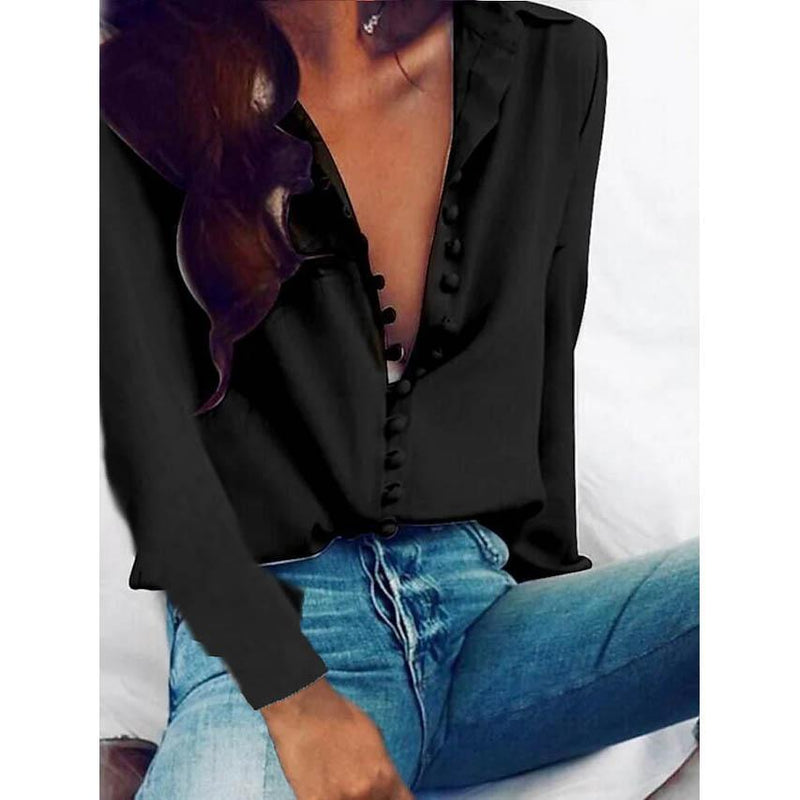 Women's Blouse Shirt Solid Colored Long Sleeve Button V Neck Basic Tops Women's Tops Black S - DailySale