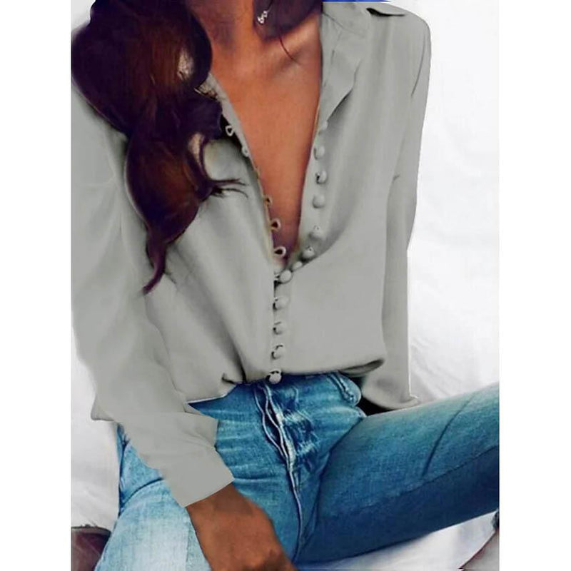 Women's Blouse Shirt Solid Colored Long Sleeve Button V Neck Basic Tops Women's Tops Gray S - DailySale